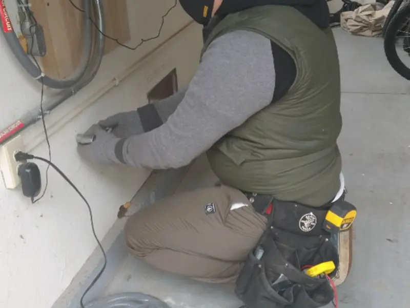 Electrician performing outlet wiring in a Haring garage